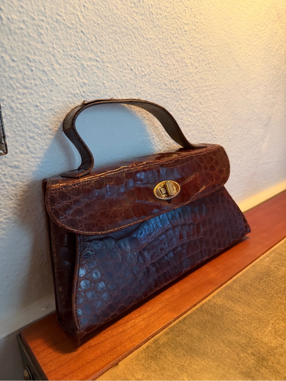Genuine Alligator Leather Mini Top Handle Bag in Dark Brown